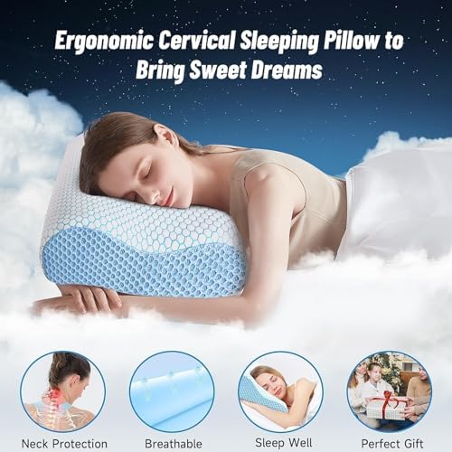 Neck Pillow for Sleeping, Ergonomic Cervical Bed Pillow, Blue Standard Size - Image 4