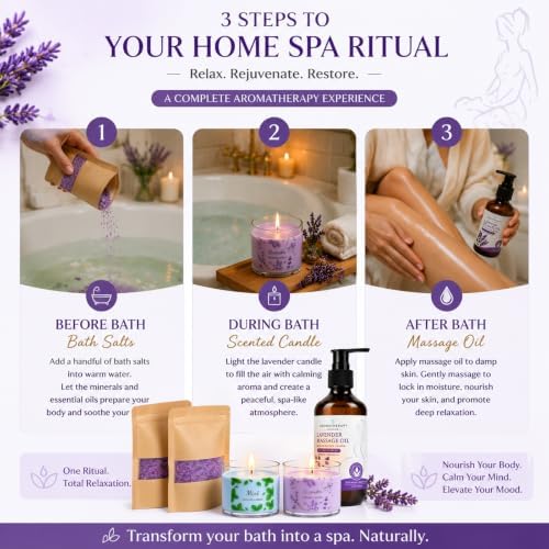 Lavender Massage Oil Gift Set for Massage Therapy - Relaxing Body Massage Oil with Botanical Oils, Includes 2 Bath Salts & 2 Aromatherapy Candles for Home Spa - Image 5