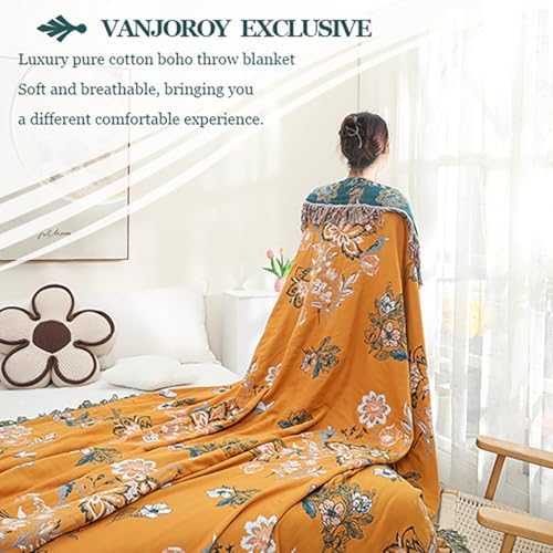VANJOROY Boho Large Throw Blanket, 100% Organic Cotton Breathable Soft Bed Throw - Floral Bird Farmhouse Decor Blanket for Sofa Couch Chair Quilt and Gift. (Flower-Art, 91" x 98") - Image 5