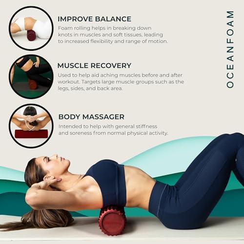Oceanfoam Tidal Roller - Maroon - Muscle Massage Foam Roller for Back Pain & Stretching - Firm and Ergonomic Wide Wave Textured - Yoga, Athletics, & Wellness - Full Size, 20" x 5" - Image 5