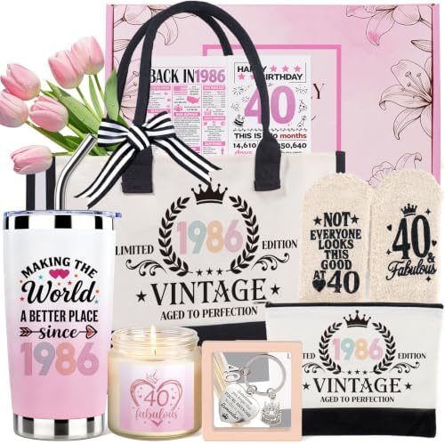 40th Birthday Gifts for Women, Vintage 1986 Birthdays Gift For Her, Cool 40 Year Old Birthday Gifts Set For Mom Wife Sister Friends Coworkers, Unique Gift Ideas With Tumbler Greeting Card Tote Bag by Ithmahco