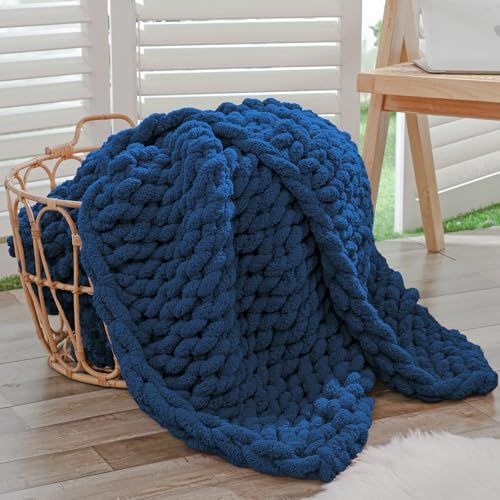 Bigacogo Chunky Knit Throw Blanket for Couch, 40x40 inches, Navy Blue by Bigacogo