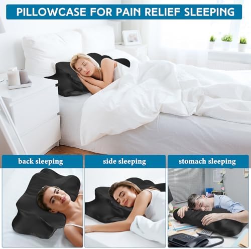 Hahafelt Cervical Neck Pillowcase (Only Pillowcase) Satin Pillow Cover with Zipper Ergonomic Contour Pillow Cover for Side Back Stomach Sleepers(Black,Queen Size) - Image 4