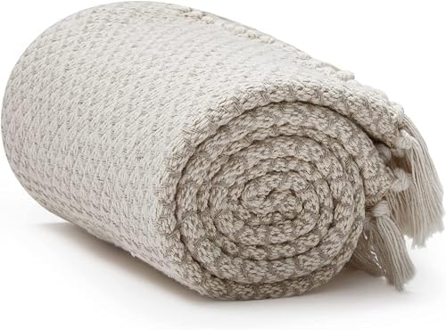 Americanflat 50x60 Throw Blanket - Soft and Breathable Cotton Throw Blanket for Couch, Bed, Chair - Decorative Blankets Perfect for Home, Office, or Outdoor Use - Cream and Beige Birds Eye Design by Americanflat