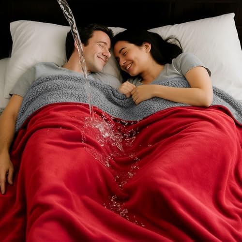 Tisancy King Size Waterproof Blanket for Bed Couch, 82'' x 82'' Double Side Leakproof Reversible Sherpa Flannel Fleece 3-Layer Lightweight Blanket, Absorbs 80oz(Red/Gray), Machine Washable - Image 6