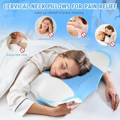 Cervical Neck Pillows with Memory Foam - Ergonomic Neck Support Pillows for Pain Relief Contour Memory Foam - Adjustable Orthopedic Bed Pillows with Cooling Breathable Pillowcase for Sleeping - Blue - Image 4