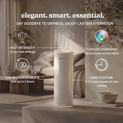 Homedics Portable Humidifier Small Ultrasonic Cool Mist (Gloss White) - Image 3