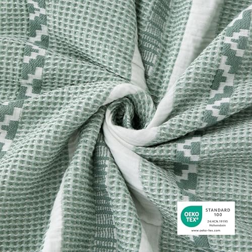Bedsure PureWoven Boho Striped Cotton Waffle Duvet Cover Set, Queen, Green - Image 3