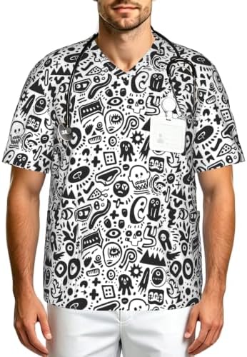 Men's Scrub Top,V-Neck Spill Wrinkle Resistant,3 Pockets-Doodle Pattern (5) by Unknown