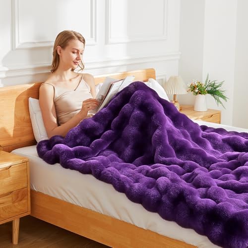 Latepis Faux Fur Twin Purple Blanket Plush 60x80 Inch Cute Fluffy Warm Bubble Blankets for Couch Bedroom Soft Blankets for All Seasons Cozy Blanket for Woman Gift, 860GSM - Image 4