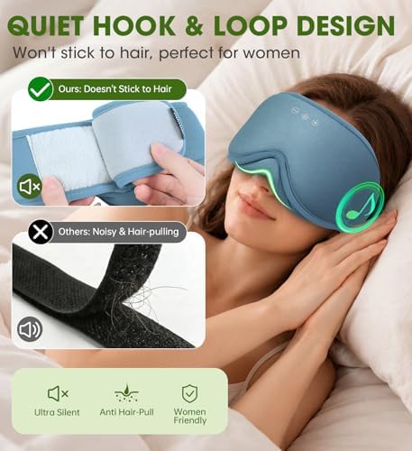 Sleep Mask with Bluetooth Headphones - Sleep Headphones for Side Sleeper Blackout Eye Mask for Sleeping 3D Contoured Sleep Eye Cover Headband Ear Plugs Low Noise Hook (Blue) - Image 4