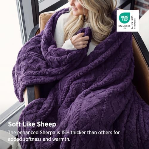 Bedsure Sherpa Fleece Blanket, Cable Jacquard Tufted, Warm, Purple, Twin - Image 2