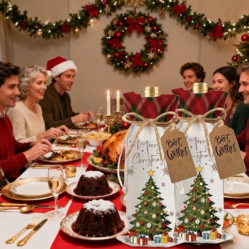 1Pcs Christmas Tree Wine Bags Christmas Gift Bag, Wine Bottle Bags Merry Xmas Bottle Covers for Merry Christmas,Holiday Party,Storage with 1Pcs Kraft Blessing Cards and natural jute rope - Image 5