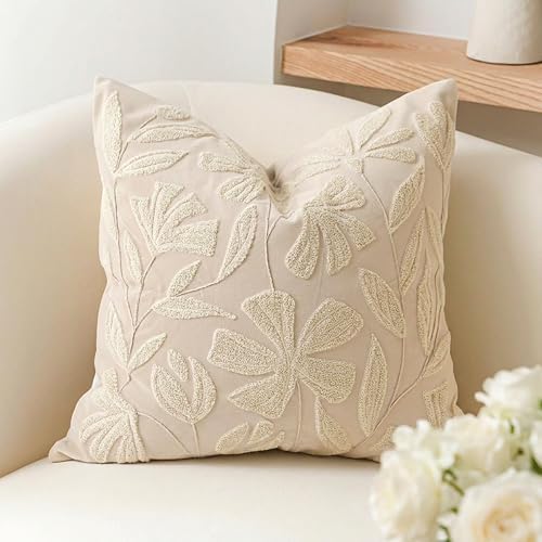 BlissBlush Decorative Throw Pillow Cover 20x20, Beige Neutral Velvet Accent Cushion Cover for Couch Sofa Living Room, Floral Tufted Square Pillowcase (Cover Only) by BlissBlush