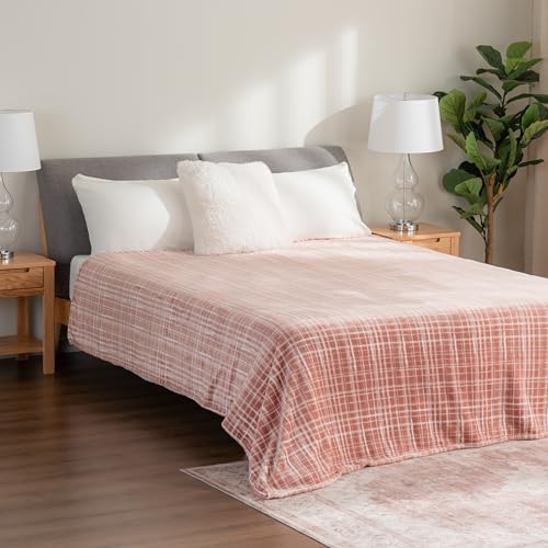 Berkshire Blanket-Classic Heavyweight Soft Printed VelvetLoft® Plush Blanket, Full/Queen Size Soft Fuzzy Warm Blanket for Couch Sofa Bed, Watercolor Plaid Blush, 90in x 90in - Image 4