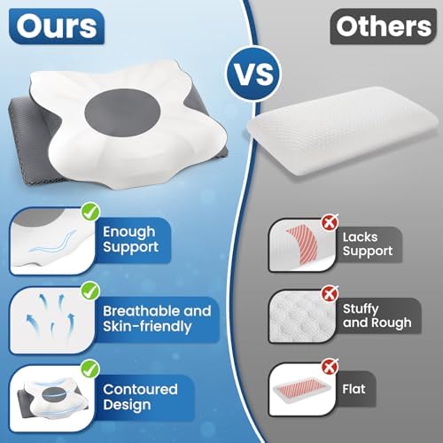 Memory Foam Bed Pillow – Contour Support Pillow for Side & Back Sleepers, Soft Ergonomic Design, Cooling Breathable Cover, Removable Washable Case, Standard Size, Grey - Image 5