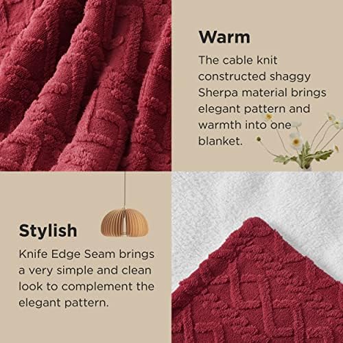 Bedsure Sherpa Fleece Blanket, Cable Jacquard Tufted, Warm, Red, Twin - Image 4