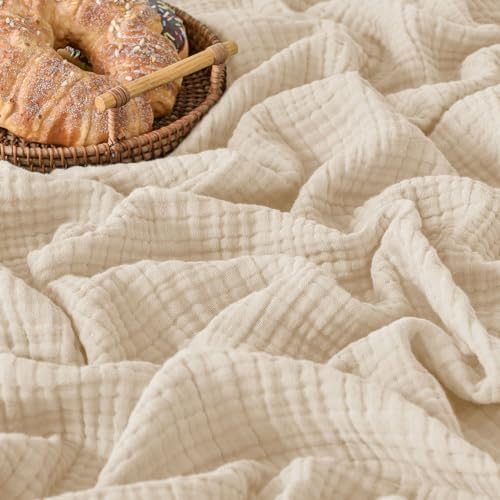 Esterra Muslin Blanket Twin Size Cozy Soft Lightweight Pre-Washed Cotton Blanket, All Season Breathable 4-Layer Gauze Blanket Throw for Couch Bed, Neutral, 66x90 Inches by Esterra
