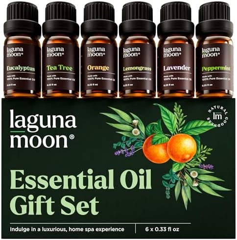 Lagunamoon Essential Oils Aromatherapy Set - 6 Oils for Diffusers, Home Care, Candle Making Scents, Fragrance, Humidifiers, Gifts - Peppermint, Tea Tree, Lavender, Eucalyptus, Orange (10mL) by LagunaMoon