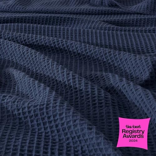 100% Cotton Blue Blanket Full/Queen Size for Bed - Breathable and Soft, Waffle Weave for Summer Spring, 90x90 Inches (Navy) - Image 2