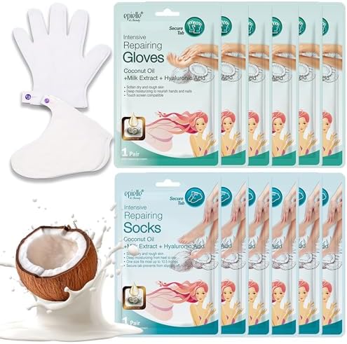 Epielle Intensive Repairing Hand & Foot Masks, Restore and Moisturize Dry, Cracked Skin, Self Care Gifts for Women, Spa Kit, 6 Moisturizing Gloves & 6 Moisturizing Socks by Epielle