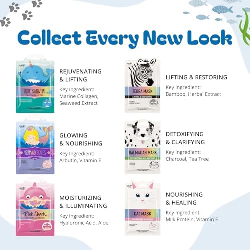 Epielle Character Face Mask Wave & Wild 6 Pack, Fun & Effective Korean Skin Care, Spa Party Favors, Birthday Gifts for Women, Self Care Gifts - Image 3