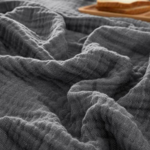 PHF 100% Cotton Muslin Throw Blanket 50" x 60", 4-Layer Lightweight Gauze Throw, Breathable Cloud-Soft Minimalist Blanket for Bed, Couch, Camping & Baby, Greyish Black, Ideal Gift by PHF