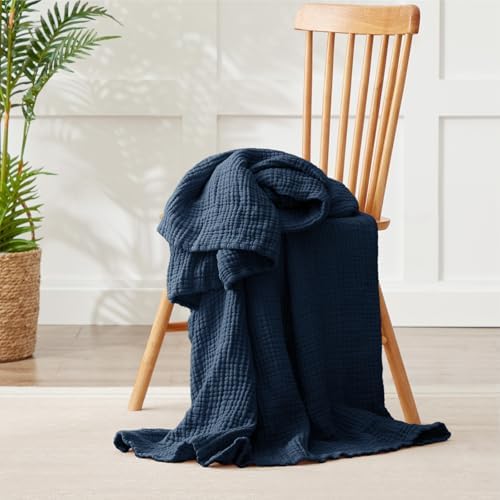 100% Cotton Muslin Blanket Twin 60" x 80", Breathable and Lightweight Cotton Twin Blankets for Couch, Soft Cooling Summer Gauze Blanket for Adults All Season, Navy Blue - Image 6