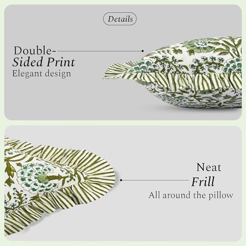 CPC Block Print Ruffle Throw Cover Agate Green 20"x20" Inch Pack of 2-100% Cotton Ruffle Couch Decorative Boho Pillows Case for Living Room, Bedroom, Sofa, Farmhouse Gift for Spring, Mother's Day - Image 2