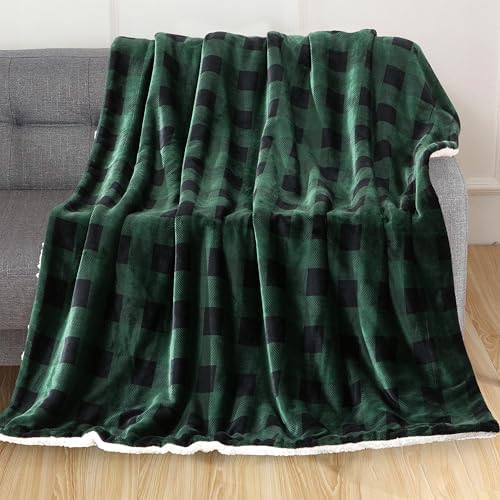 Elegant Comfort Luxury Ultra-Plush Velvet Touch Buffalo Plaid Fleece Throw - Soft, Warm, Cozy Micromink Sherpa-Backing Reversible Blanket for Bed, Sofa and Couch, Buffalo Green - Image 2