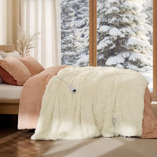 Bedsure Faux Fur Heated Blanket Twin Size, Fast Heating Fluffy Electric Blanket, Heating Blanket Twin Size with 10 Time Settings & 6 Heat Settings, Cozy Gifts for Women Men (62x84 inches, Cream) - Image 6