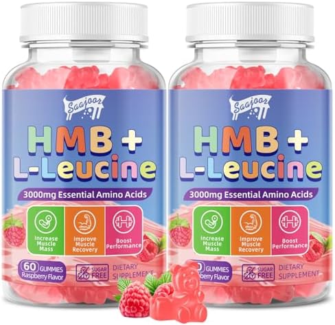 2 Pack HMB and L-Leucine 3000mg with Calcium Gummies - Muscle Support & Recovery for Adults & Elderly, Vegan, Gluten Free, 120 Gummies by SaajoorGummies