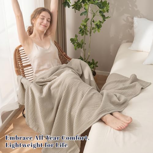 PHF 100% Cotton Muslin Blanket Twin XL Size 66"x90", 4-Layer Lightweight Gauze Throw, Breathable Cloud-Soft Minimalist Blanket for Bed, Couch, Camping & Baby, Taupe, Ideal Gift - Image 2