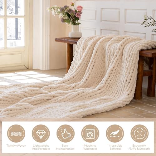 Chunky Knit Throw Blanket for Couch，60X80 Inches Cream - Image 2