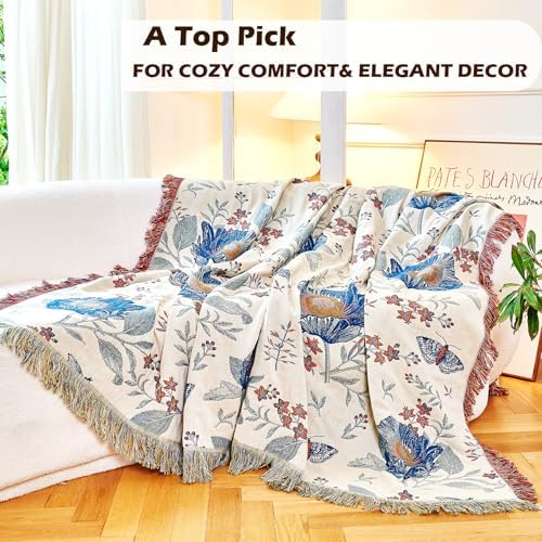 VANJOROY Boho Throw Blanket, 100% Organic Cotton Breathable Ultra Soft Bed Quilt Throw - All Season Floral Bird Butterfly Farmhouse Decor Blanket for Sofa Couch Chair and Gift. 60" x 80" - Image 5