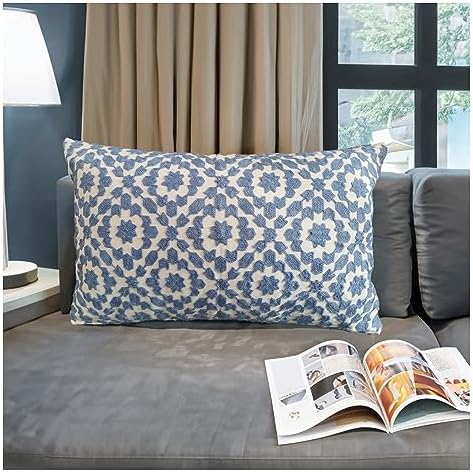 Throw Pillow Cover Embroidered Trellis 12x20 inch Mina Blue Cornflower 30x50cm Decorative Lumbar Pillow Cover Embroidery Cotton Canvas 1pc Della Robbia Blue Cushion Cover by Unknown