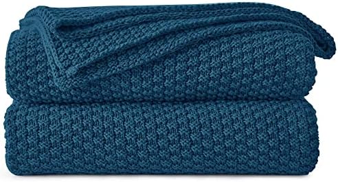 Longhui bedding 100% Cotton Knitted Throw Blanket – Blue, Soft & Cozy, Machine Washable, 51"x63" – Perfect for Living Room, Couch, Sofa, Bed or Travel by LongHuiBedding