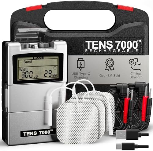 TENS 7000 Rechargeable Tens Unit Muscle Stimulator, Back Pain Relief, 4 Electrodes/Unit Pads, Period Pain Simulator, Muscle Recovery & Growth, Stim Machine, Electrotherapy, TENS Machine by TENS7000