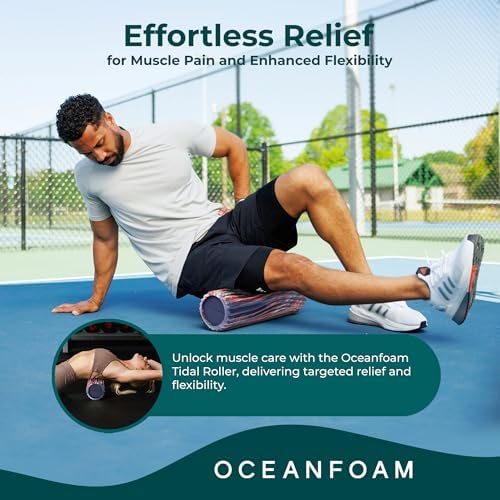Oceanfoam Tidal Roller - Red, Dark Navy & Natural Marbled - Muscle Massage Foam Roller for Back Pain & Stretching - Firm & Ergonomic Wide Wave Textured - Yoga, Athletics, Wellness - Full Size 20" x 5" - Image 4