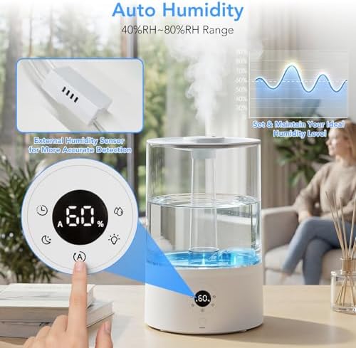 Electactic 4L Top Fill Humidifier for Bedroom, Auto Constant Humidity, Smart Control, Quiet Ultrasonic Cool Mist, 360° Nozzle, 3 Mist Levels, 7-Color Light for Home Office Baby Room - Image 5