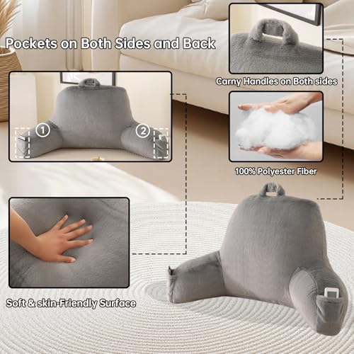 Large Plush Backrest Pillow for Sitting in Bed,Faux Fur,Gray - Image 5