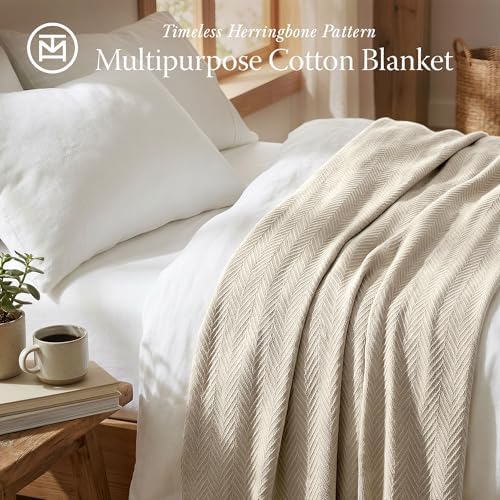 Threadmill Luxury 100% Cotton Twin Herringbone Blanket, Sand - Image 2