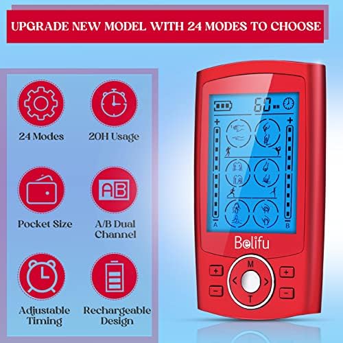 Belifu Dual Channel TENS EMS Unit with 12 Pads, 24 Modes Muscle Stimulator, Electronic Pulse Massager Muscle Massager for Pain Relief Therapy, Fastening Cable Ties, Dust-Proof Drawstring Storage Bag - Image 4