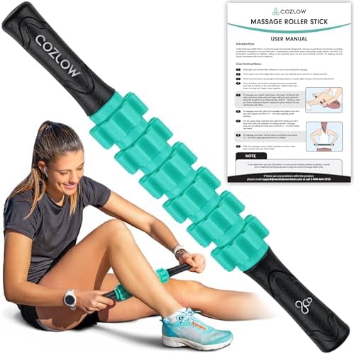 Muscle Roller Stick, Green, Hand Held Body Massager, 9 Rollers by Cozlow