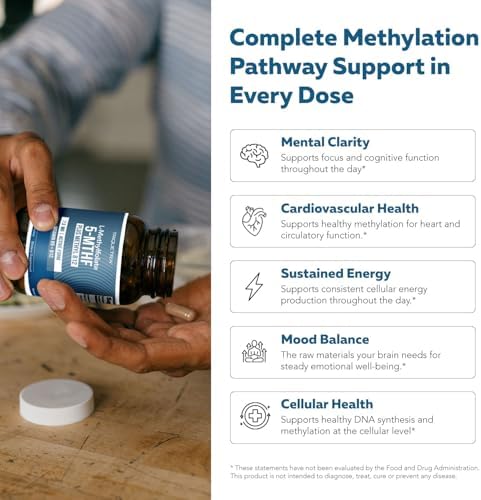L Methylfolate 7.5mg plus Methyl B12 - Active 5-MTHF Form, MTHFR Supplement - Bloodstream Ready Methylated Folate + B12 Cofactor - Supports Mood, Homocysteine Methylation, Cognition (60 Capsules) - Image 4