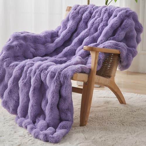 Lotus Karen Faux Fur Throw Blanket Purple - Big Bubble Rabbit Fluff Blanket for Couch Bed Sofa,Softest Fluffy Fuzzy Cozy Blanket,Thick Furry Plush Shaggy Warm Blankets for Women,60x80 Inches - Image 3