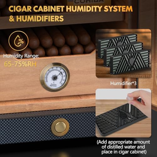 Tesonway Cigar Humidor, Desktop Cigar Humidor Cabinet Light Control System with Spanish Cedar Wood Shelves, Hygrometer, 3 Humidifiers and Cigar Accessories Drawer, for Men (Carbon Fiber) - Image 4