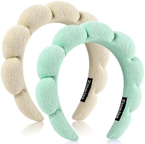 Ztomine Spa Headbands, Set of 2, Terry Cloth Headband Face Wash Headband Combo Pack - Puffy Makeup Headbands for Face Washing, Mask (beige + turquoise) by Ztomine