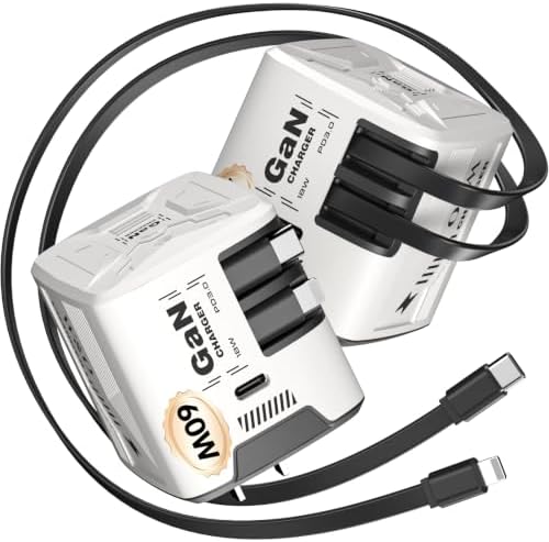W & O 60W Gan Fast Charger Wall Plug, Built-in Retractable USB-C & L Cables by WO