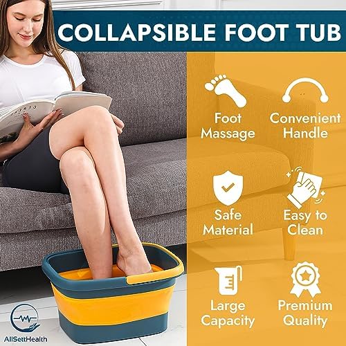 AllSett Health Collapsible Foot Bath – Advance Soaking Tub with Portable Design and Handle – Foldable Pedicure Foot Spa Bowl – Compact and Lightweight Soak with Acupressure Points, Blue and Orange - Image 4